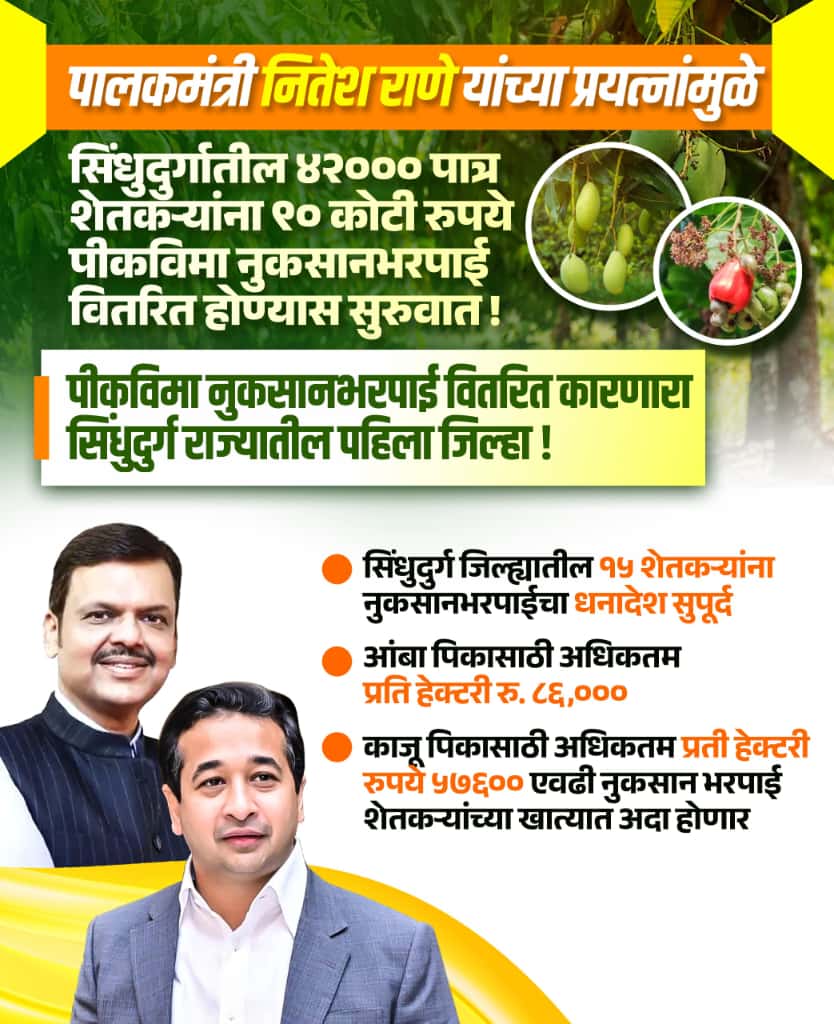 शेतकऱ्यांची दिवाळी गोड ; आंबा-काजू नुकसान भरपाईच्या ९० कोटी विमा रक्कम वाटप सुरू